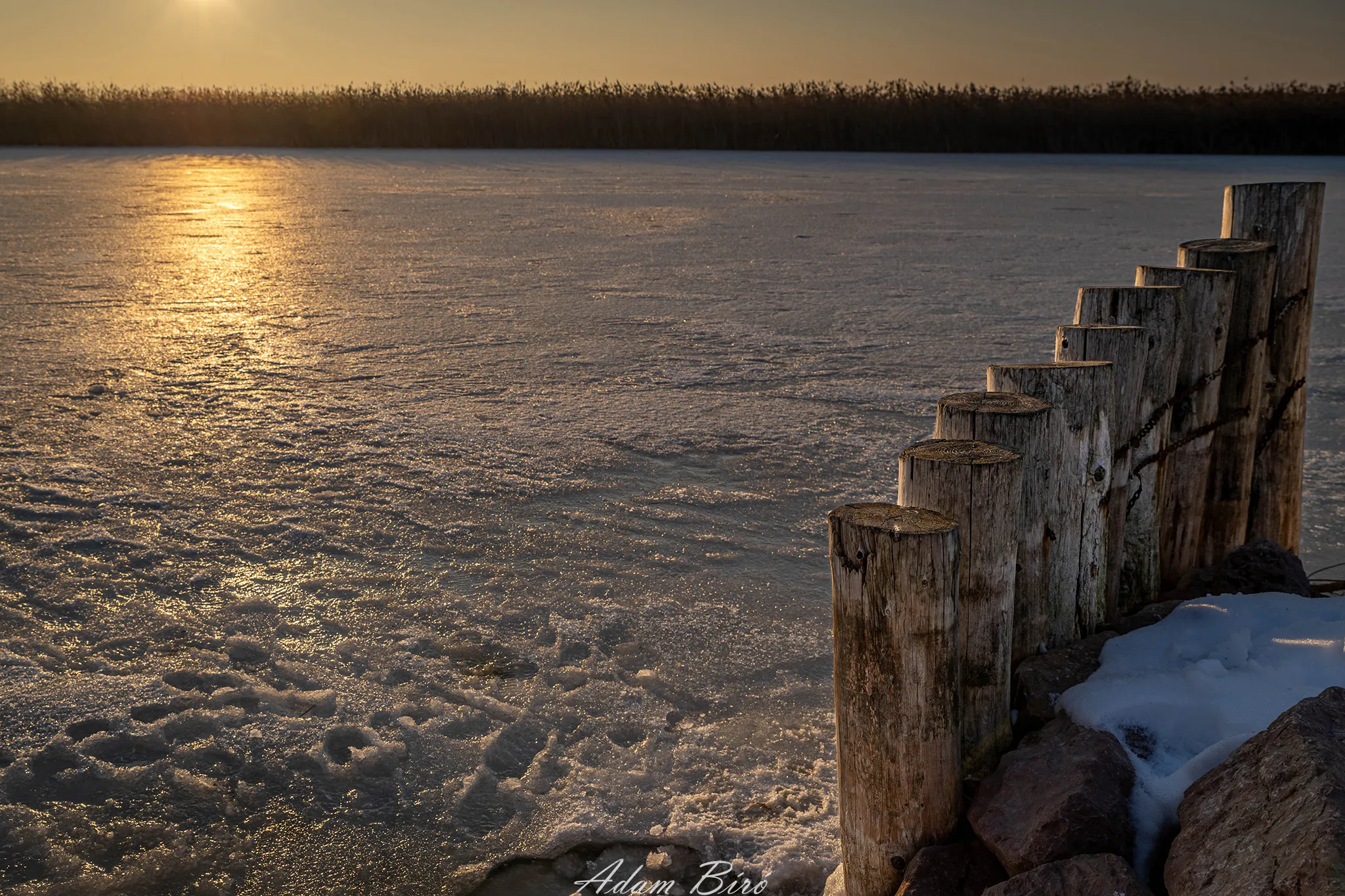 Winter sunset at Lake Velence in Hungary with golden light reflecting on frozen lake surface and wooden posts