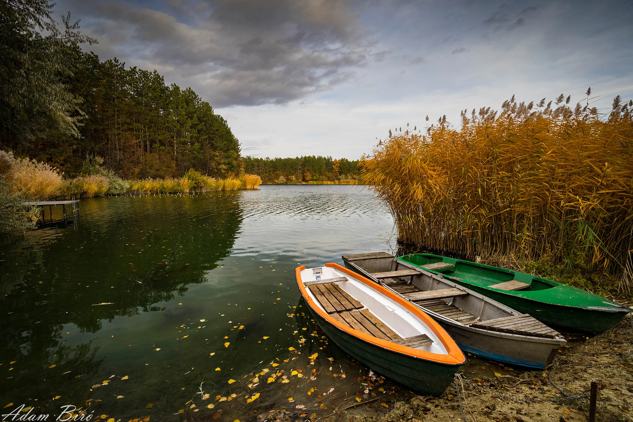 Boats left ashore at Fenyves Lake in autumn, Hungary